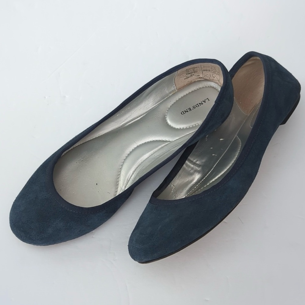 Lands' End Emma Rounded Toe Flats Suede Leather Dusk Blue size 8D Wide